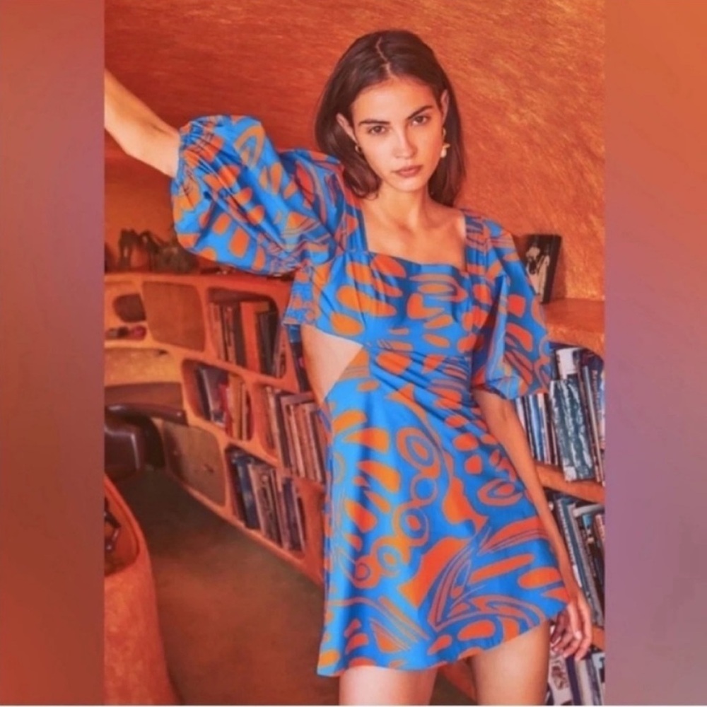 Alexis Bodhi Puff Sleeve Mini Dress Orange Blue